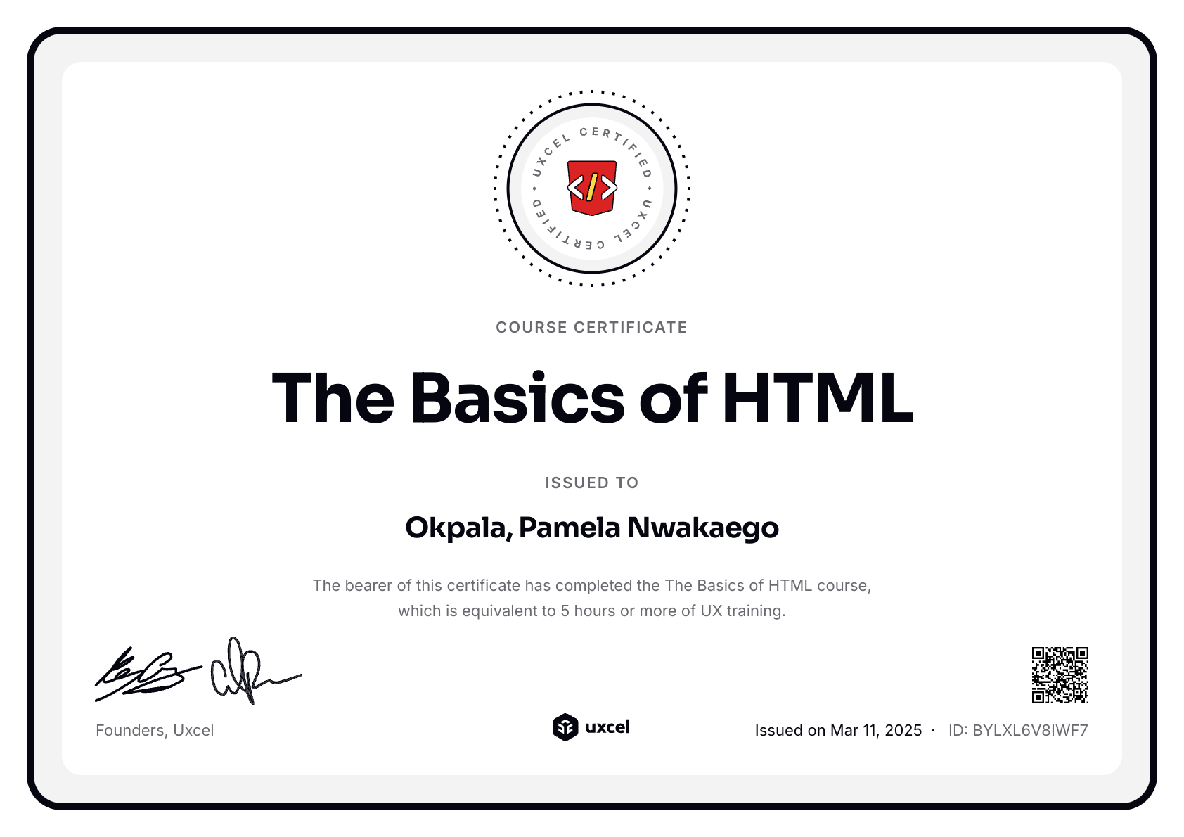 Okpala, Pamela Nwakaego's certificate